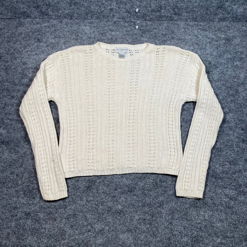 Jay Jacobs Vintage Cream Pointelle Knit Sweater Ramie Cotton Crew Neck Large